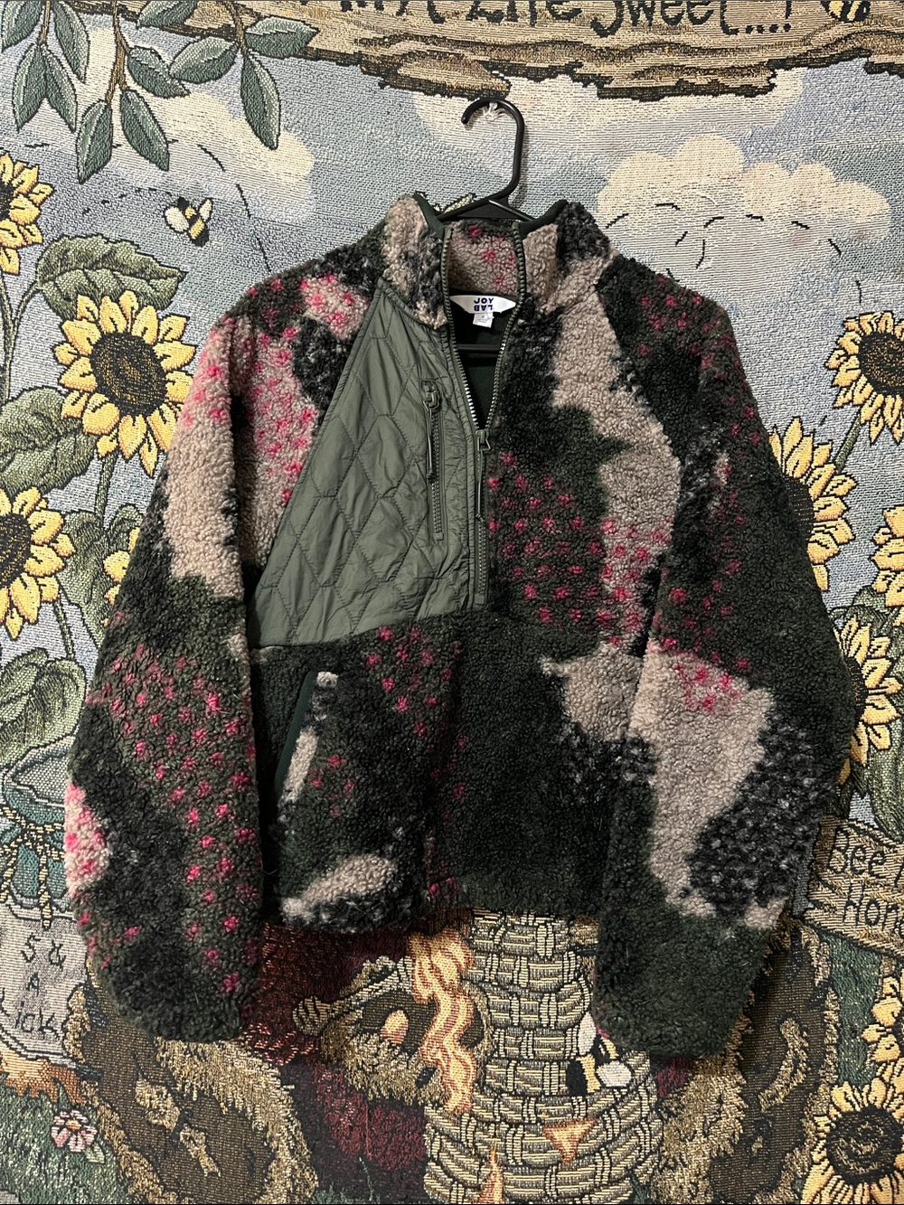 Joyrich Patchwork Sherpa Jacket in Olive, Black & Pink Accent